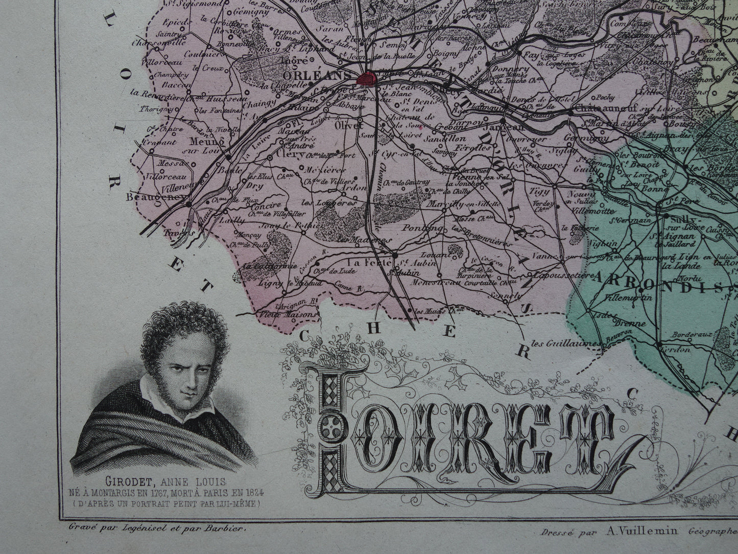 Oude kaart van Loiret departement in Frankrijk uit 1882 originele antieke landkaart Orleans vintage historische kaarten