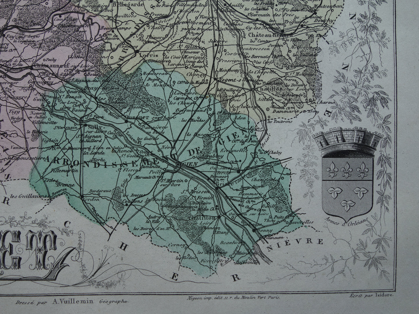 Oude kaart van Loiret departement in Frankrijk uit 1882 originele antieke landkaart Orleans vintage historische kaarten