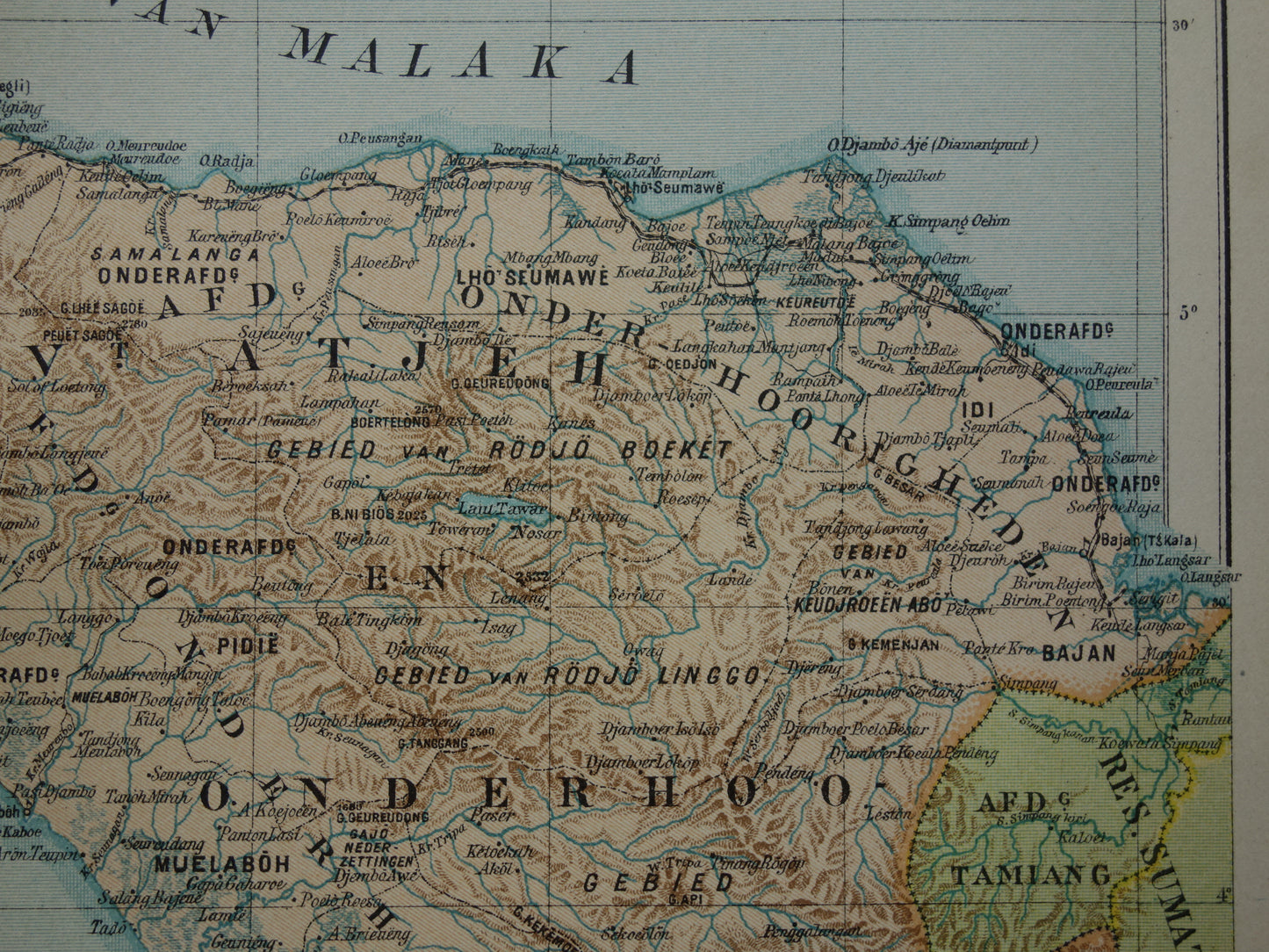 Oude kaart van Atjeh Sumatra Indonesië 1905 originele antieke landkaart Aceh vintage kaarten
