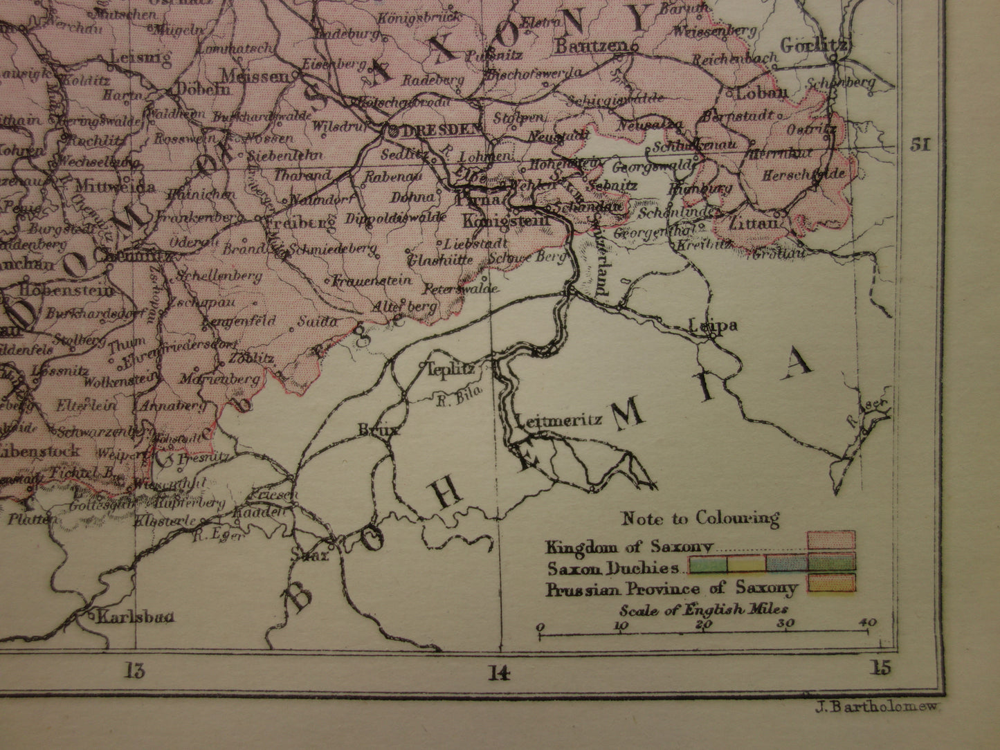 SAKSEN oude kaart van koninkrijk Saksen Duitsland 1886 originele antieke Engelse landkaart Dresden Halle Leipzig