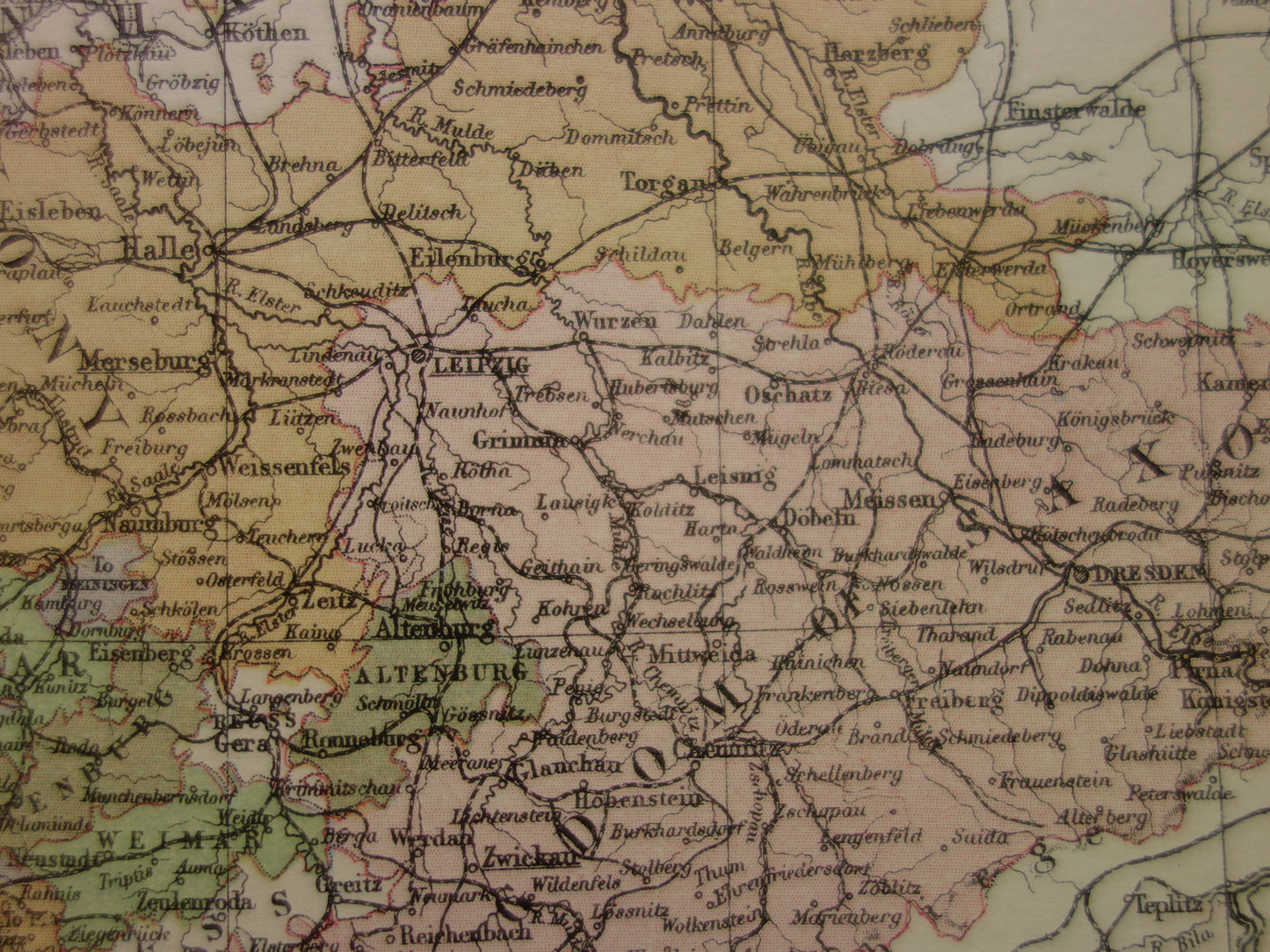 SAKSEN oude kaart van koninkrijk Saksen Duitsland 1886 originele antieke Engelse landkaart Dresden Halle Leipzig