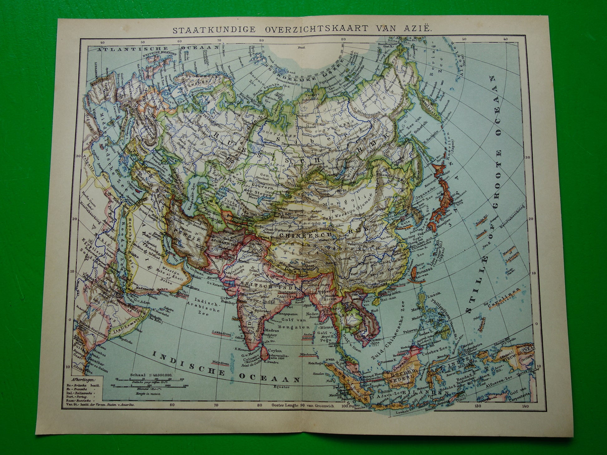 AZIË oude landkaart van continent Azië uit 1905 originele Nederlandse antieke kaart
