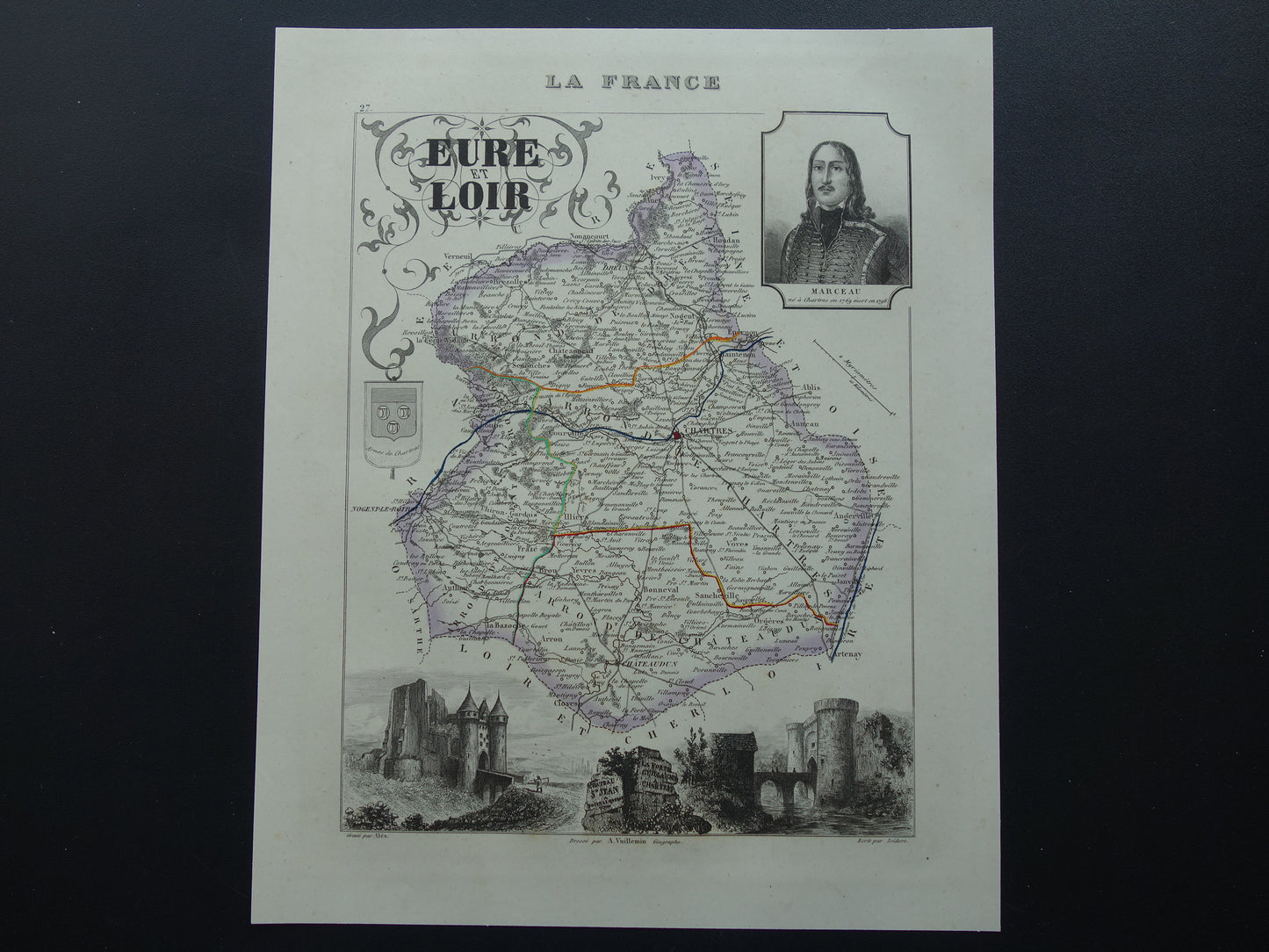 Oude kaart van Eure et Loir departement in Frankrijk uit 1851 originele antieke landkaart Chartres Chateau Saint Jean Nogent-le-Rotrou historische kaarten