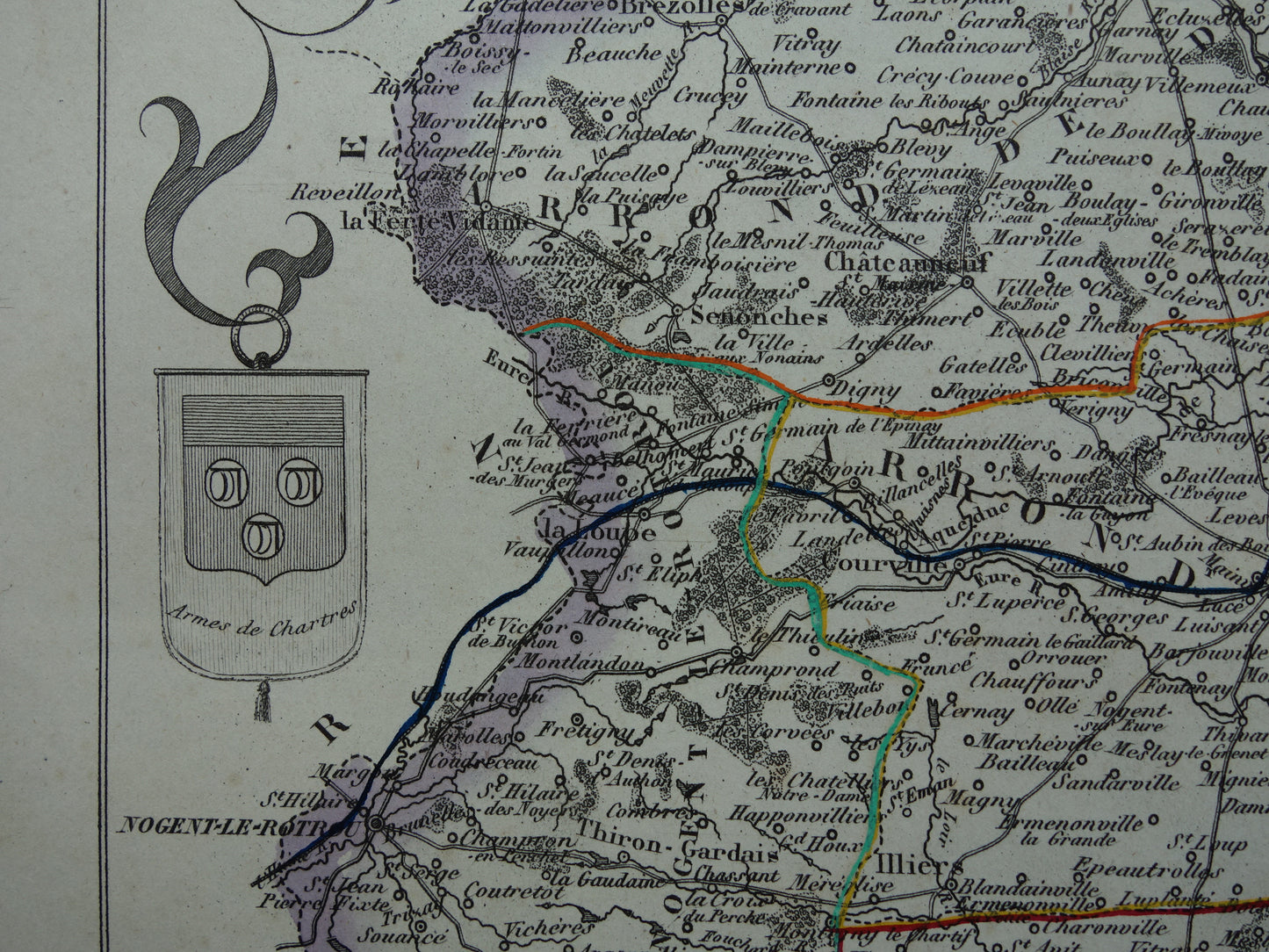 Oude kaart van Eure et Loir departement in Frankrijk uit 1851 originele antieke landkaart Chartres Chateau Saint Jean Nogent-le-Rotrou historische kaarten