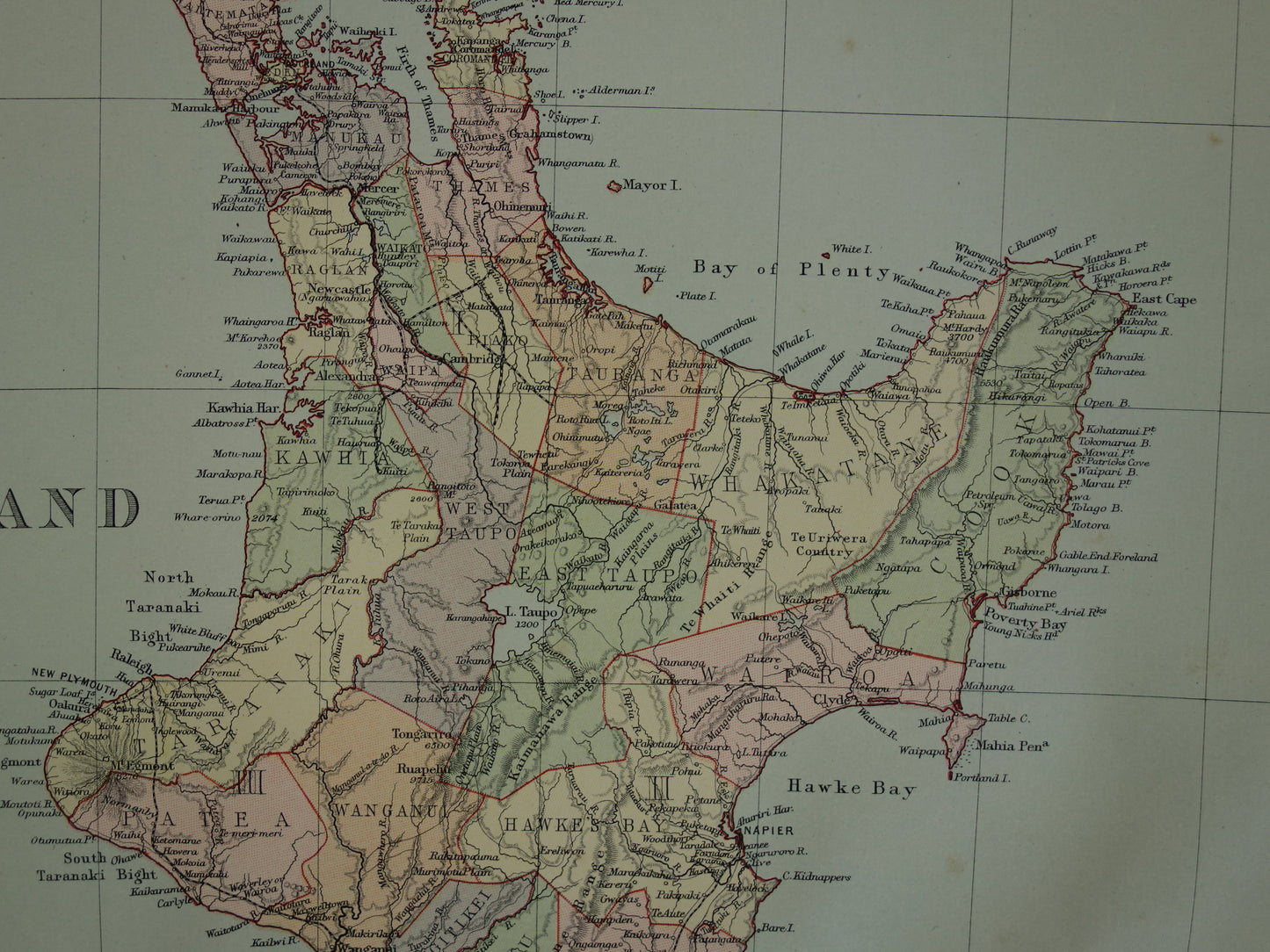 Oude landkaart van Nieuw-Zeeland uit 1890 Mooie origineel antieke kaart New Zealand Vintage landkaarten