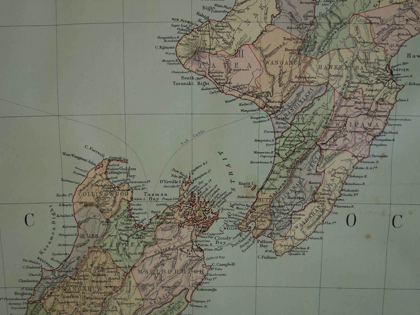 Oude landkaart van Nieuw-Zeeland uit 1890 Mooie origineel antieke kaart New Zealand Vintage landkaarten