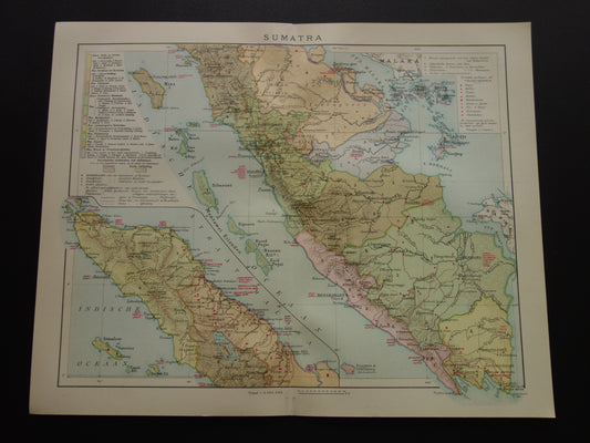 SUMATRA oude Nederlandse kaart van Sumatra Indonesië uit 1910 met Palembang Padang Medan originele antieke landkaart