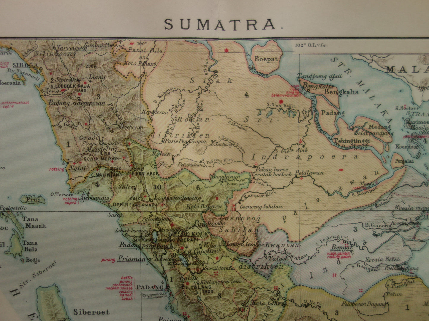 SUMATRA oude Nederlandse kaart van Sumatra Indonesië uit 1910 met Palembang Padang Medan originele antieke landkaart