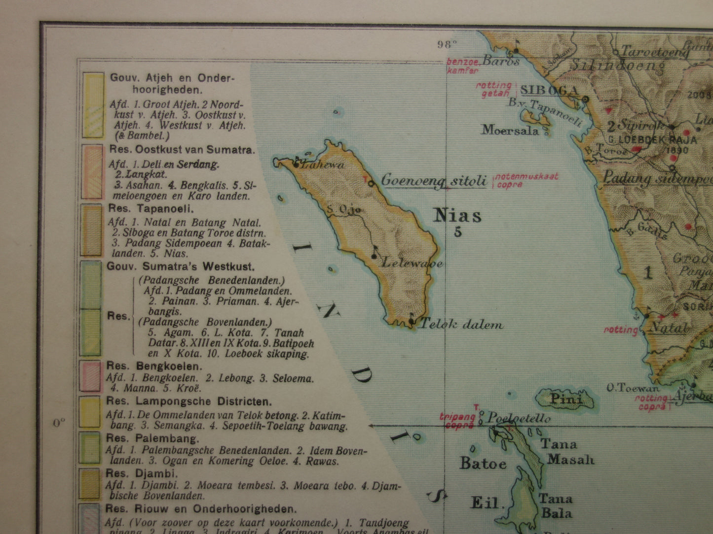 SUMATRA oude Nederlandse kaart van Sumatra Indonesië uit 1910 met Palembang Padang Medan originele antieke landkaart