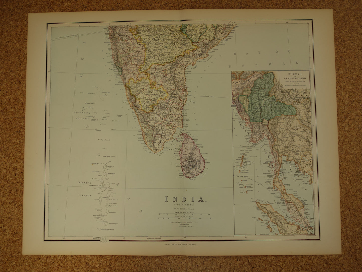 Copy of Oude landkaart van Zuid-India en Myanmar uit 1890 originele Engelse antieke poster Malediven Birma Vintage grote kaart Delhi