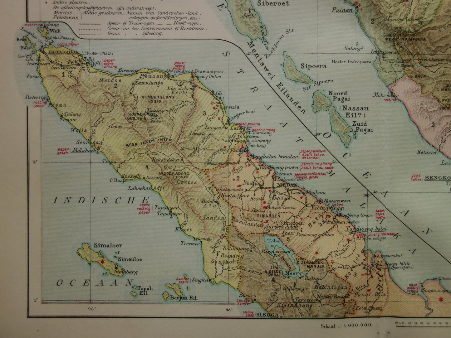 SUMATRA oude Nederlandse kaart van Sumatra Indonesië uit 1910 met Palembang Padang Medan originele antieke landkaart