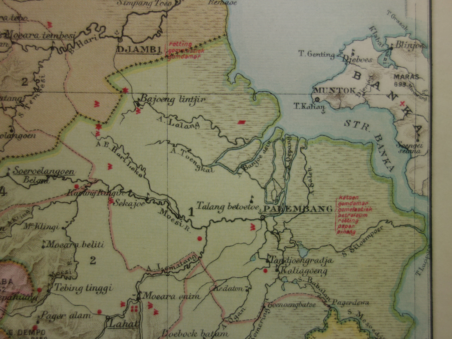 SUMATRA oude Nederlandse kaart van Sumatra Indonesië uit 1910 met Palembang Padang Medan originele antieke landkaart