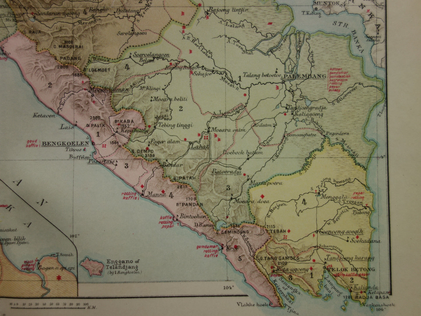 SUMATRA oude Nederlandse kaart van Sumatra Indonesië uit 1910 met Palembang Padang Medan originele antieke landkaart