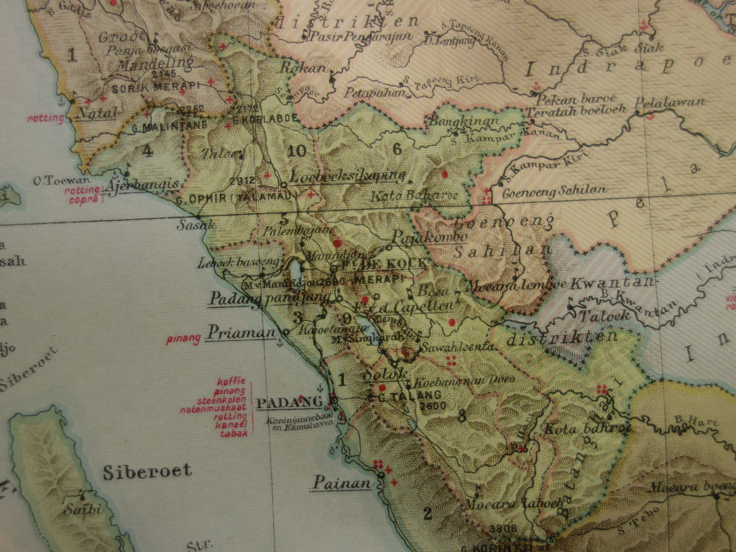 SUMATRA oude Nederlandse kaart van Sumatra Indonesië uit 1910 met Palembang Padang Medan originele antieke landkaart
