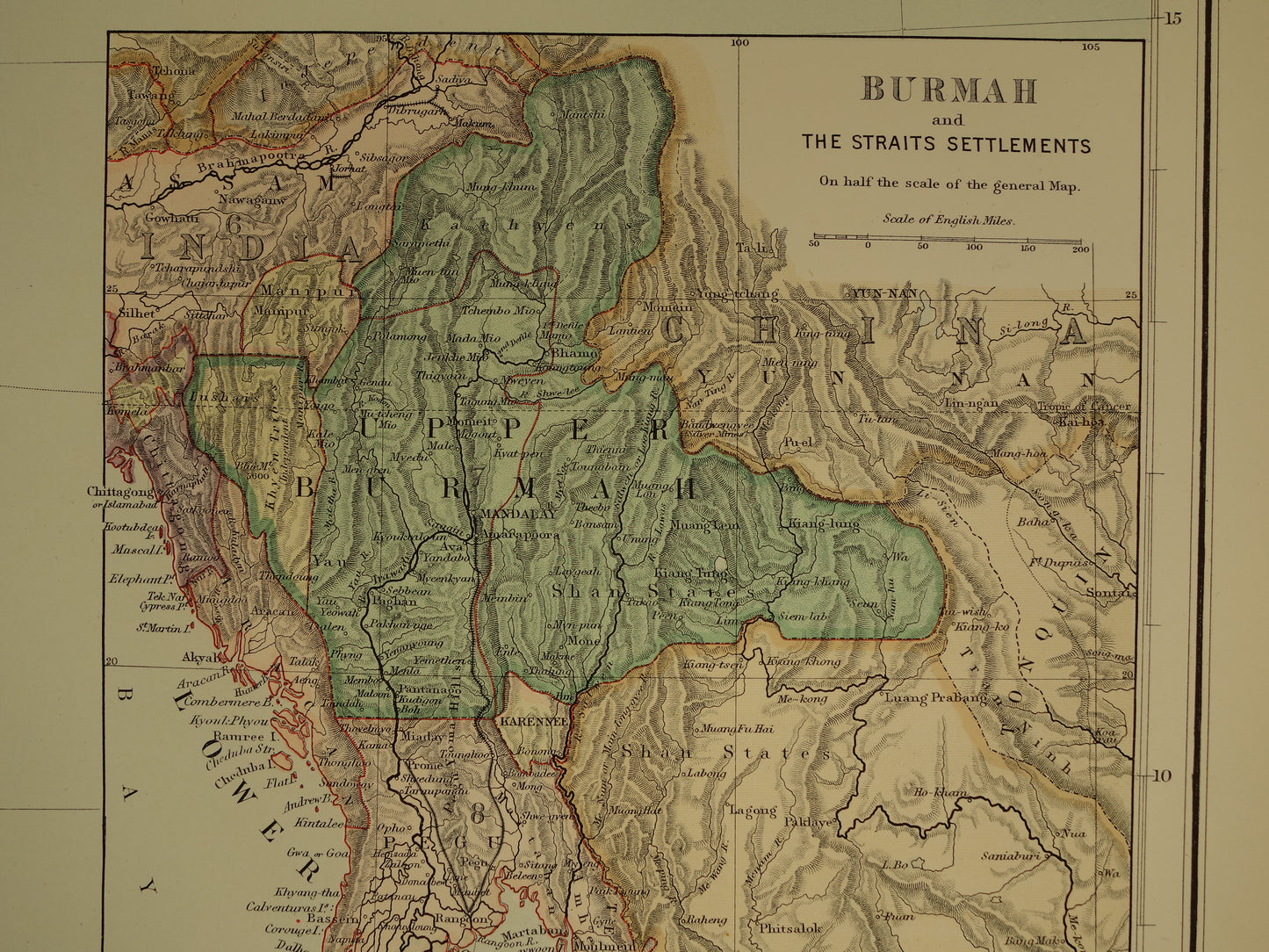 Oude landkaart van Zuid-India en Myanmar uit 1890 originele Engelse antieke poster Malediven Birma Vintage grote kaart Delhi