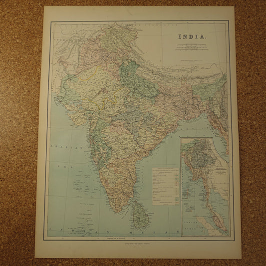 Oude landkaart van India uit 1890 originele Engelse antieke poster Brits India Vintage grote kaart Delhi