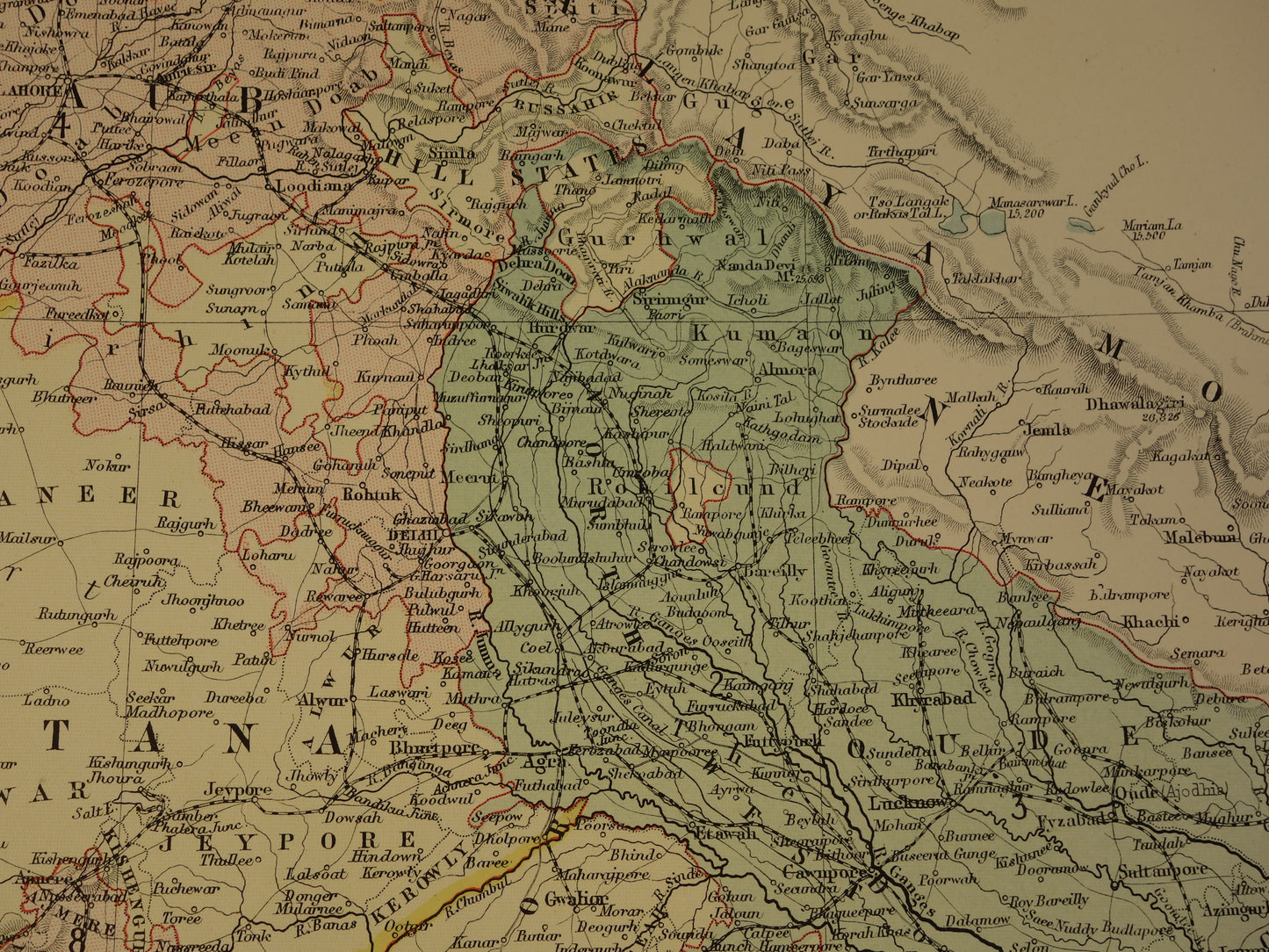 Oude landkaart van India uit 1890 originele Engelse antieke poster Brits India Vintage grote kaart Delhi