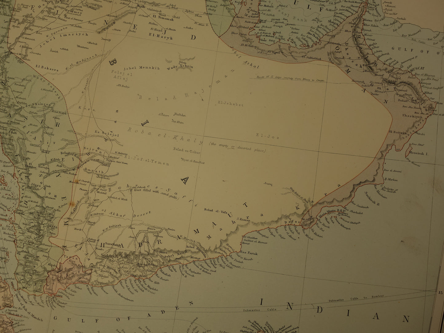 Oude landkaart van Saoedi-Arabië en Egypte uit 1890 originele Engelse antieke vintage kaart Riyad Djedda