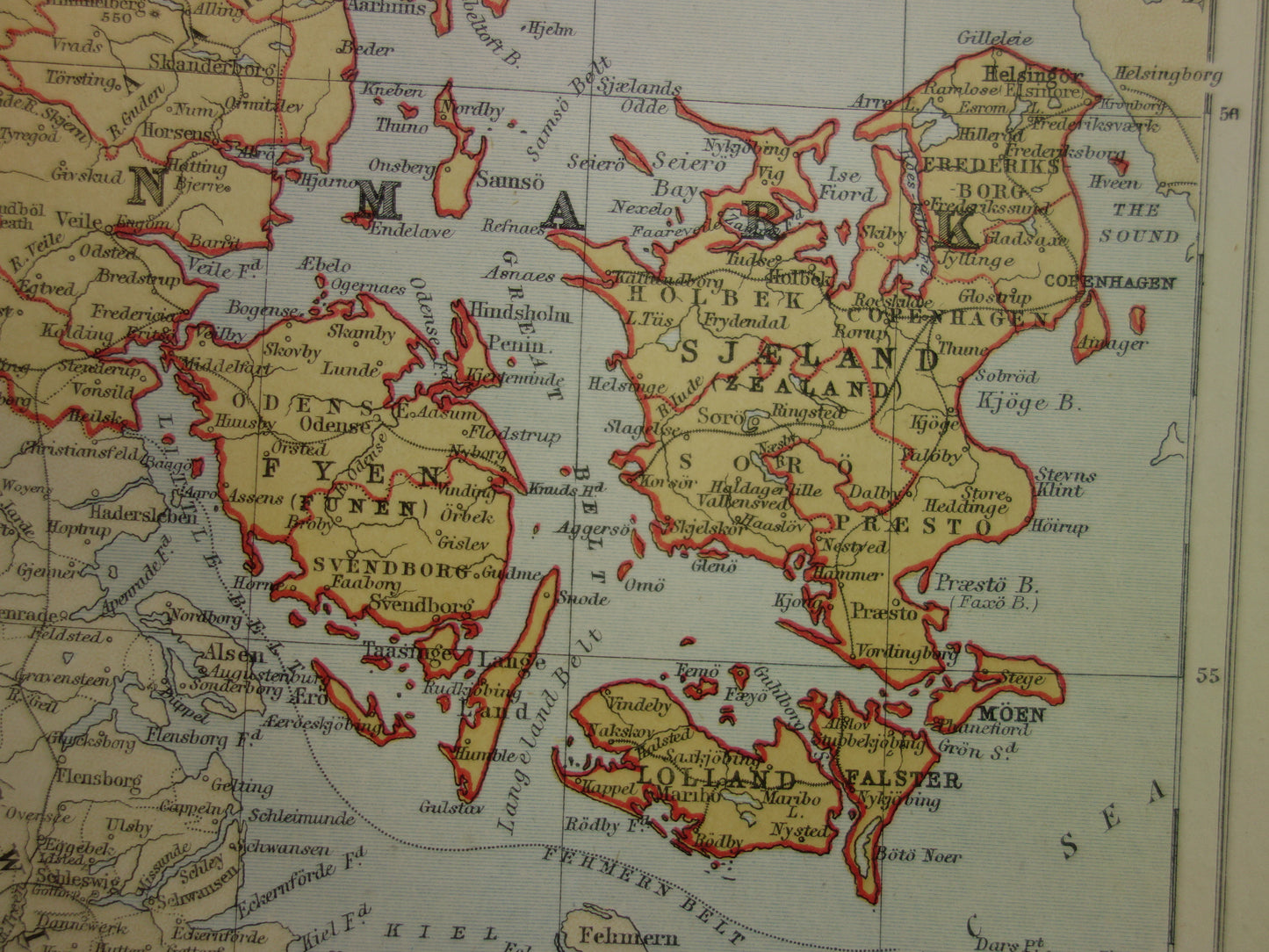 DENEMARKEN antieke landkaart van Denemarken 1877 originele 140+ jaar oude Engelse kaart Kopenhagen