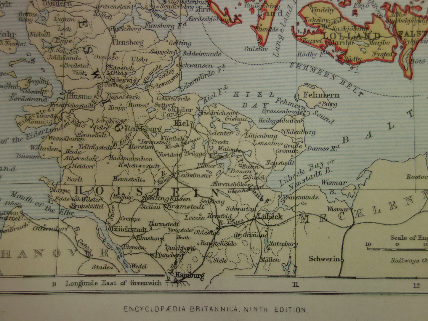 DENEMARKEN antieke landkaart van Denemarken 1877 originele 140+ jaar oude Engelse kaart Kopenhagen