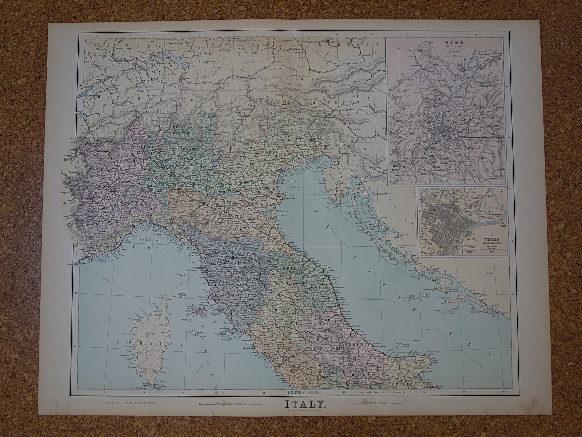 historische landkaart Italie uit 1890 origineel antiek