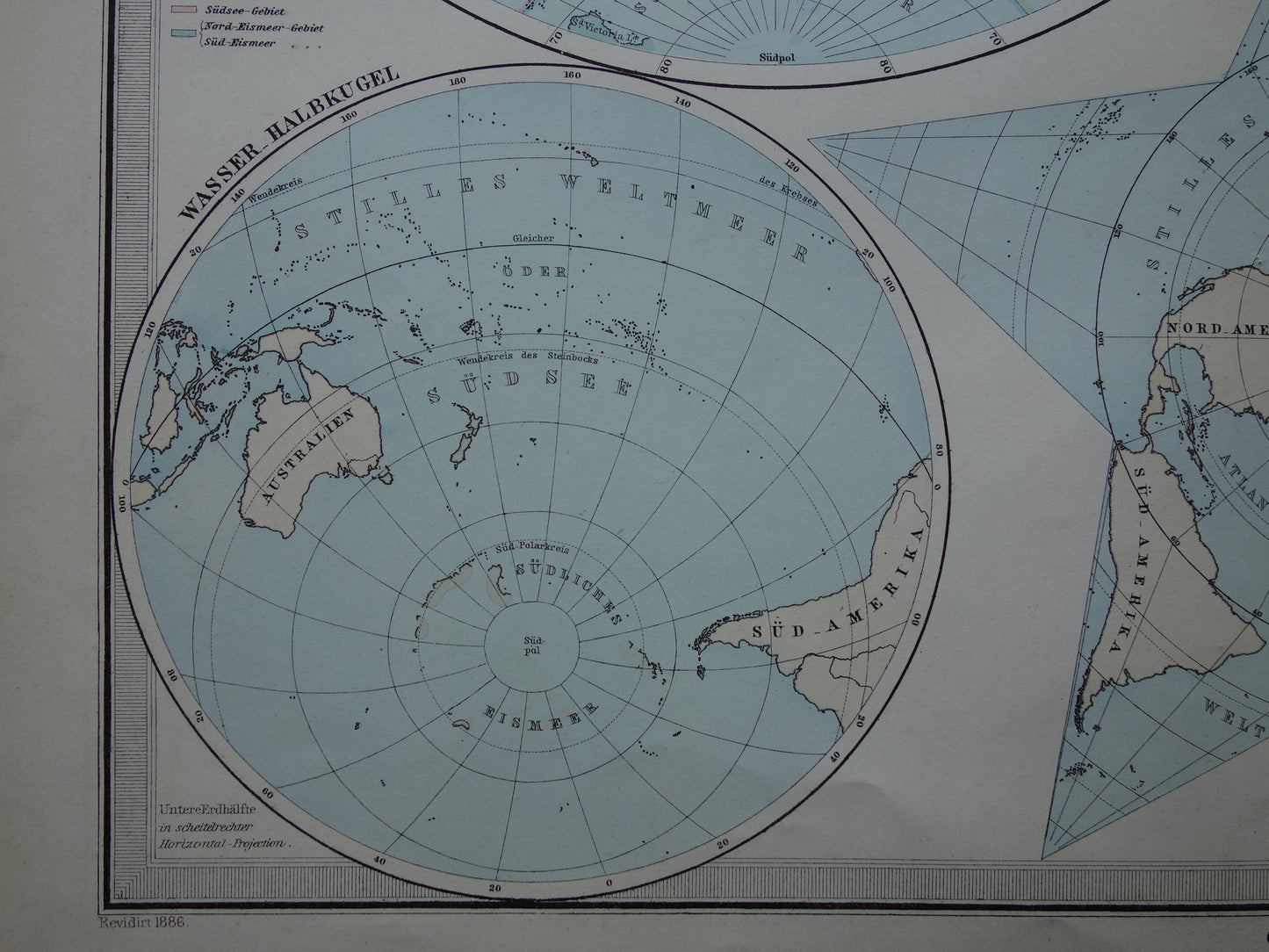 Antieke WERELDKAART grote oude kaart van de Wereld uit 1886 met dubbele hemisfeer originele vintage landkaart oceanen grootste landmassa met datum