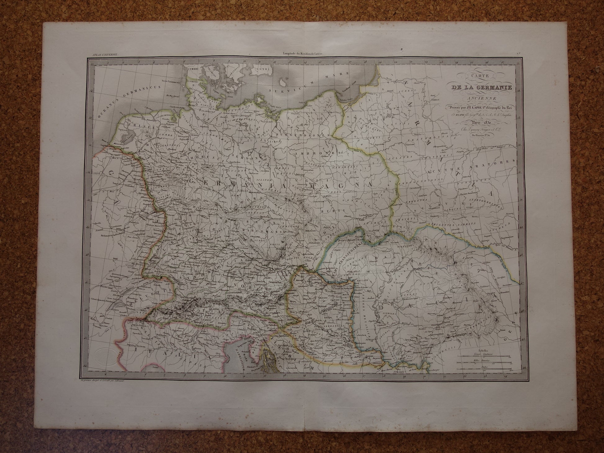 Germanië oude historische landkaart van Duitsland en centraal Europa in klassieke oudheid 1830 originele antieke kaart Dacia Germanica Magna