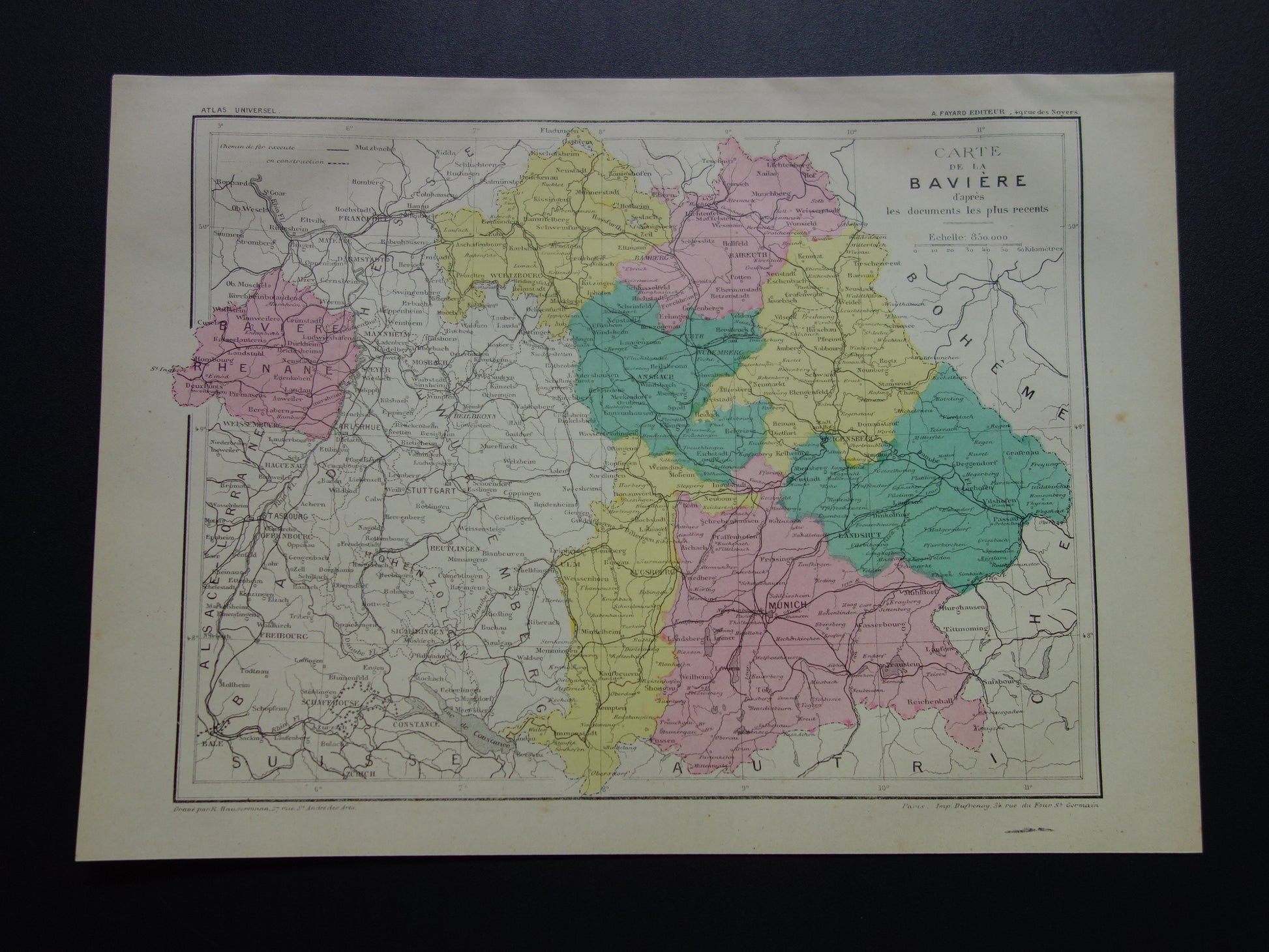 BEIEREN Oude kaart van Beieren Duitsland uit 1877 originele antieke Franse handgekleurde landkaart Beierse Palts