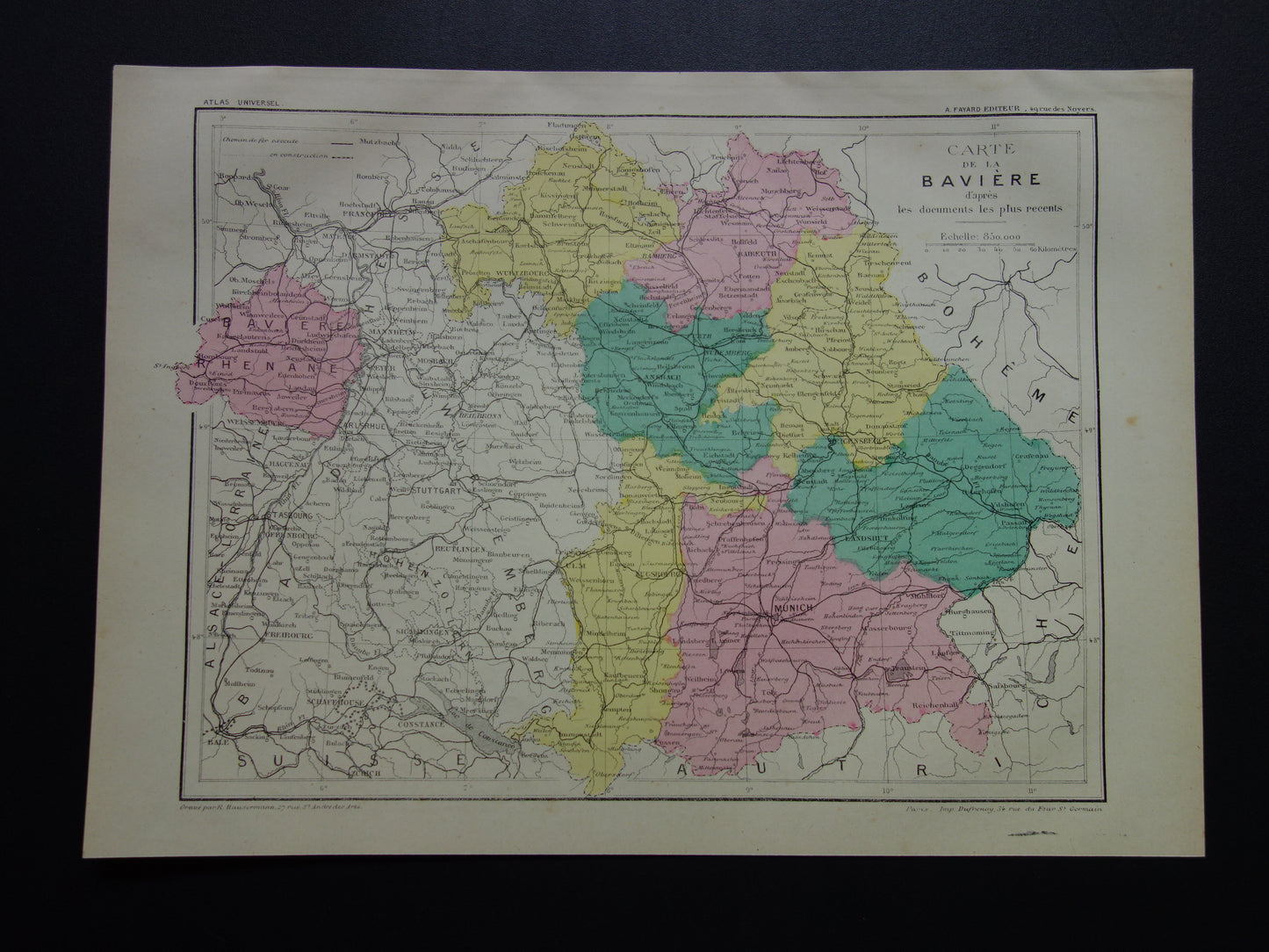 Oude kaart van Beieren Duitsland circa 1875