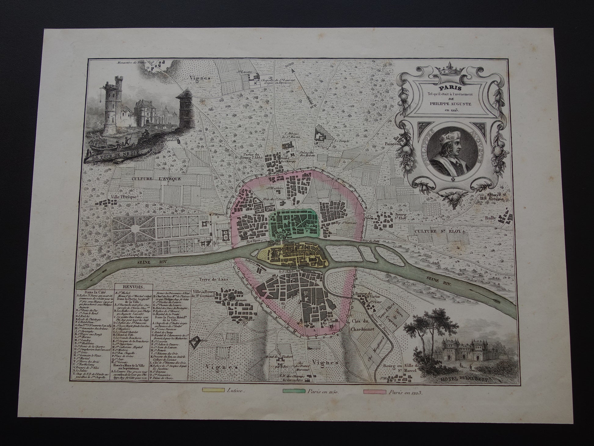 170+ jaar oude kaart van Parijs in het jaar 1223 Originele antieke geschiedeniskaart historische plattegrond