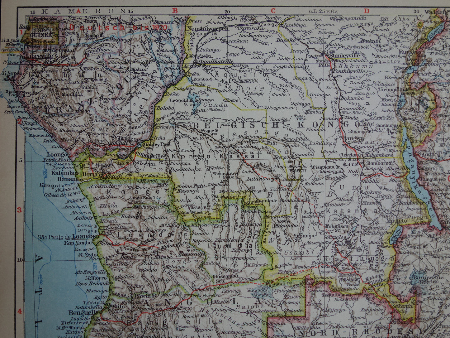 Oude kaart van Zuidelijk Afrika in 1928 originele historische landkaart van Zuid-Afrika Madagaskar Angola Namibië Botswana Tanzania Congo Mozambique Zambia