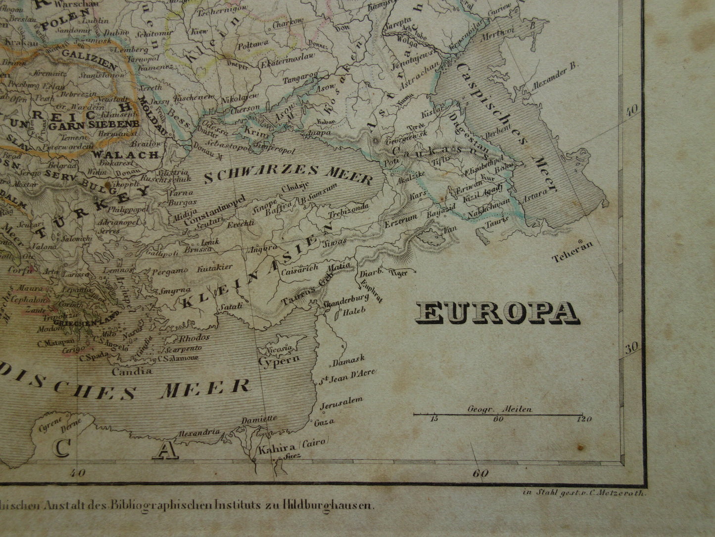 EUROPA oude kaart van Europa in 1849 originele antieke Duitse landkaart Duitsland Engeland Frankrijk vintage print continent