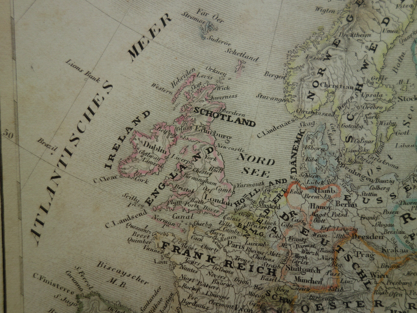 EUROPA oude kaart van Europa in 1849 originele antieke Duitse landkaart Duitsland Engeland Frankrijk vintage print continent