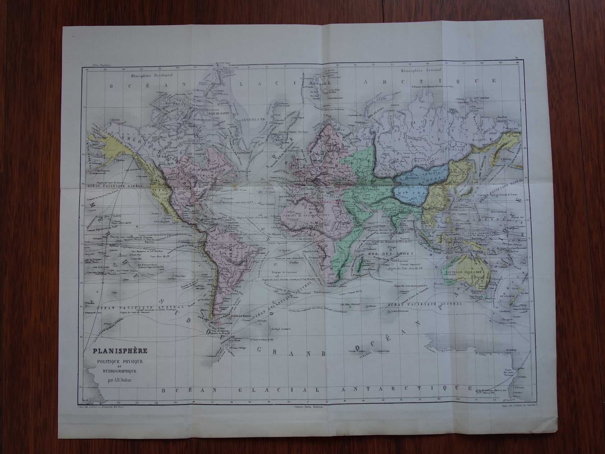 Oude wereldkaart uit 1858 originele antieke handgekleurde Franse landkaart