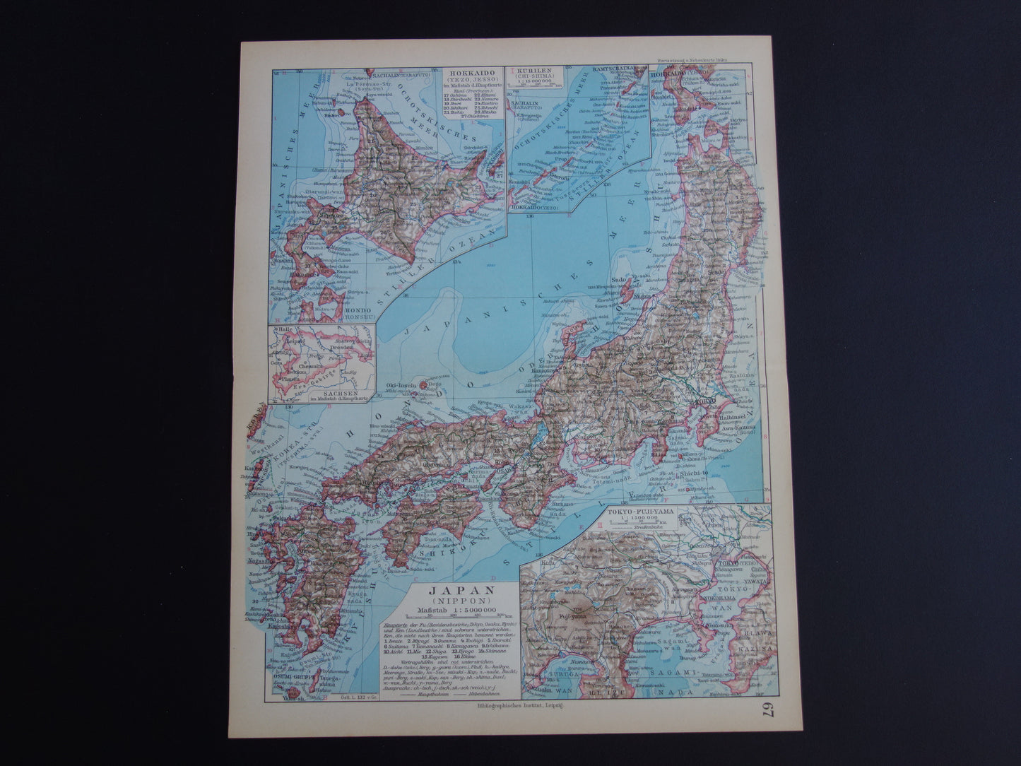 JAPAN oude gedetailleerde kaart van Japan uit 1928 originele vintage landkaart Tokio Koerilen Hokkaido