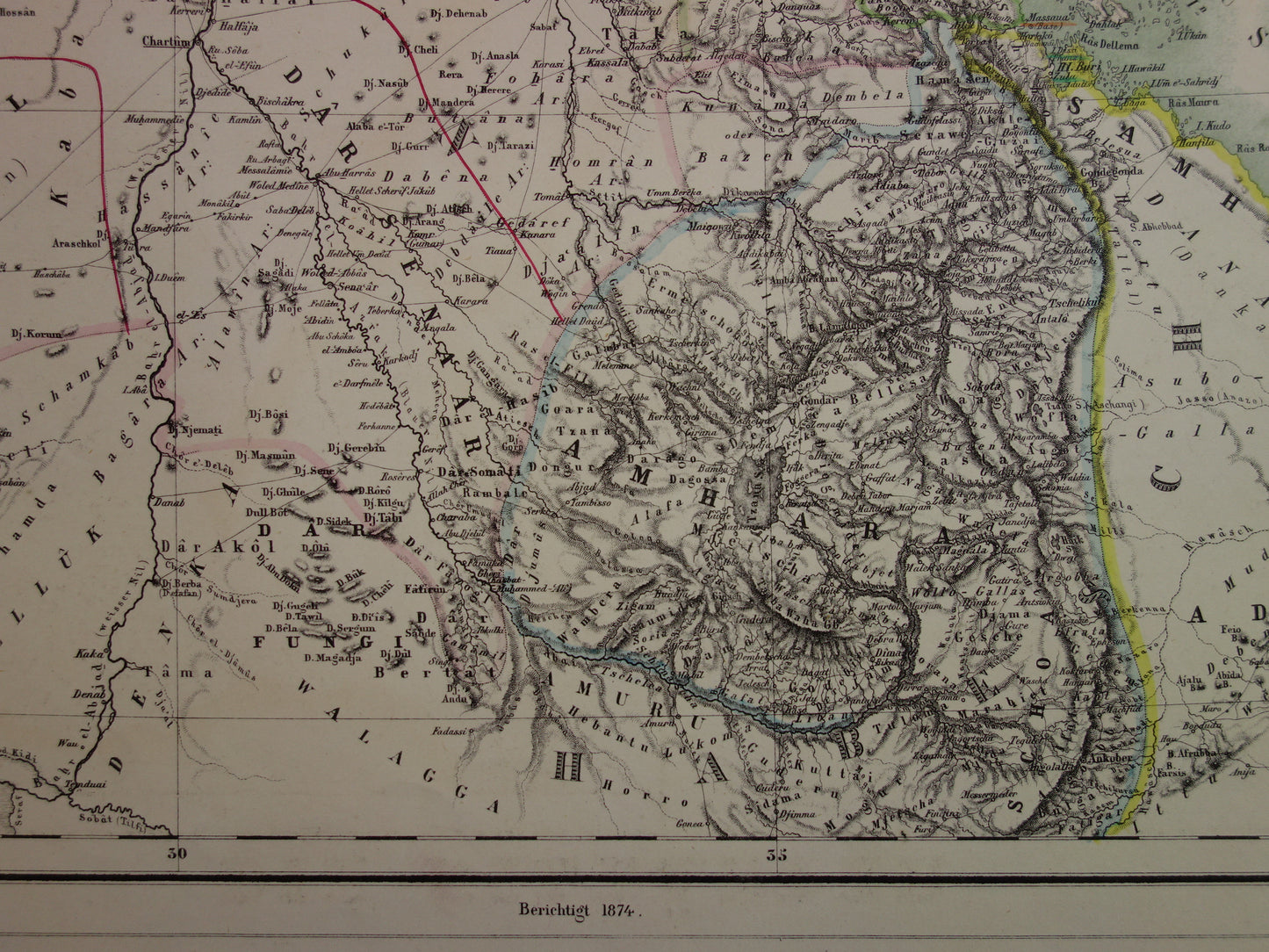 EGYPTE oude kaart van Rode Zee gebied Grote antieke landkaart Sudan, Djibouti, Ethiopië en Saoedi-Arabië met jaartal - vintage poster Afrika 1874