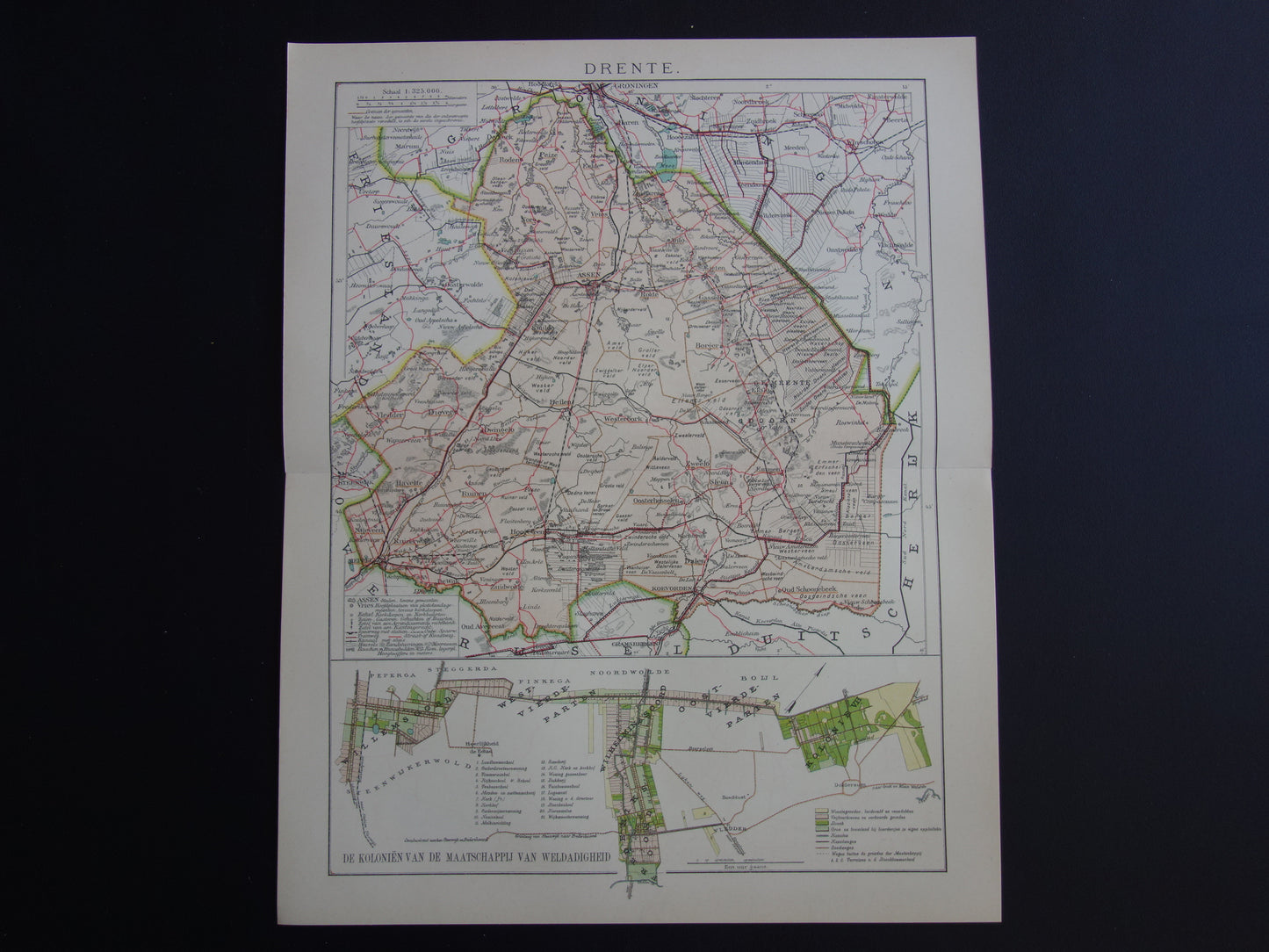 DRENTHE Oude landkaart van de provincie Drenthe uit 1907 originele vintage kaart Assen Maatschappij Weldadigheid