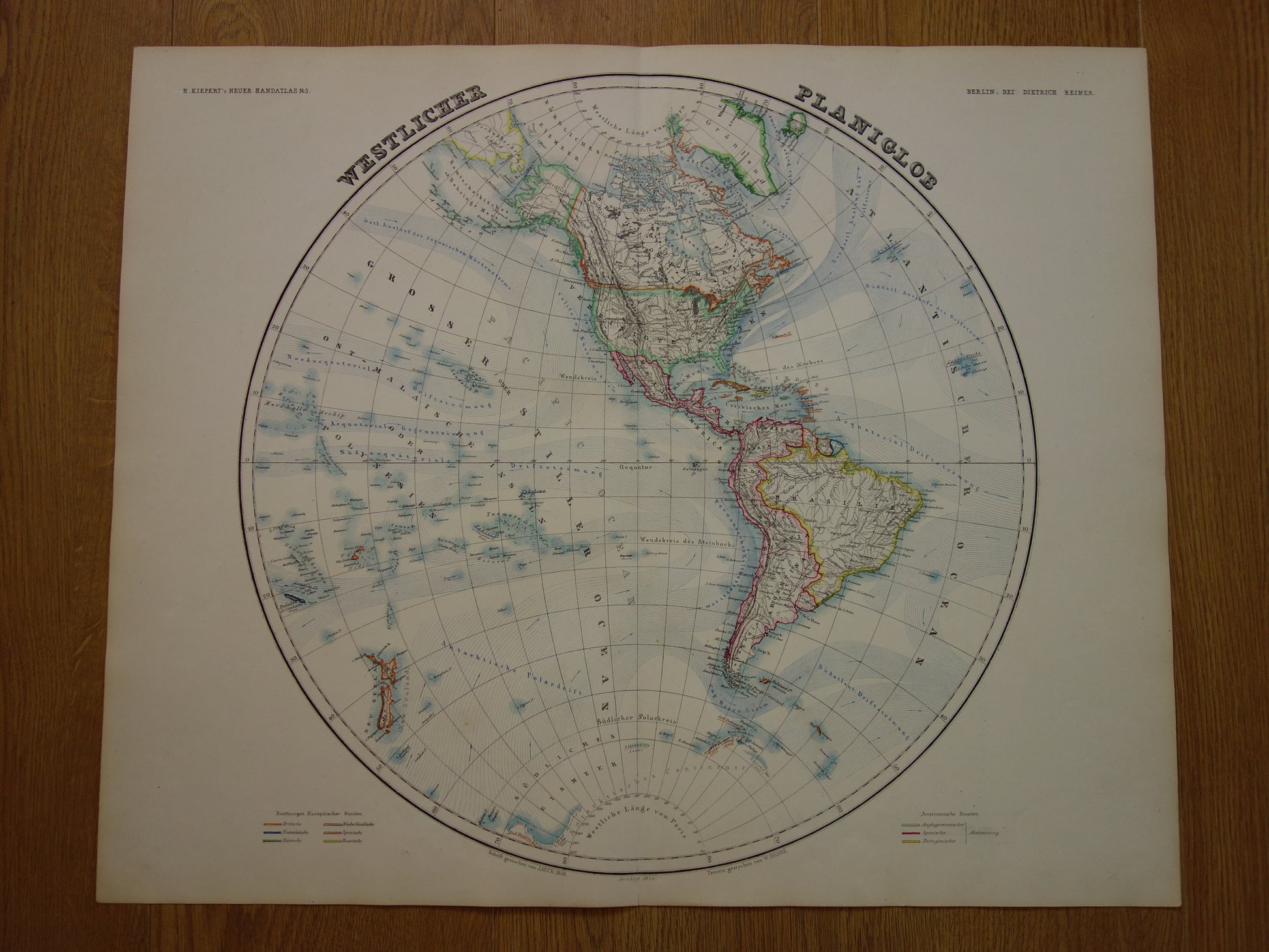 WERELDKAART Grote oude kaart van het Westelijk Halfrond in 1874 originele antieke landkaart met jaartal te koop