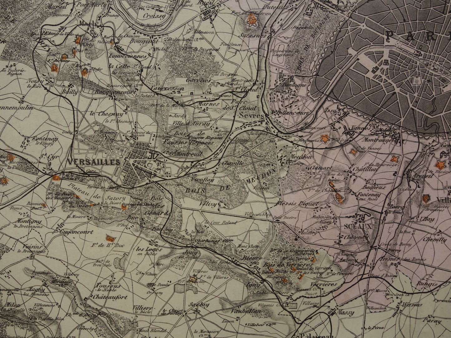 PARIJS grote oude kaart van Parijs uit het jaar 1886 Originele antieke plattegrond omgeving Parijs historische forten vintage print