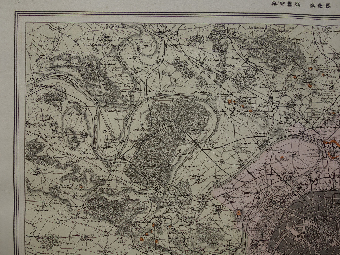 PARIJS grote oude kaart van Parijs uit het jaar 1886 Originele antieke plattegrond omgeving Parijs historische forten vintage print