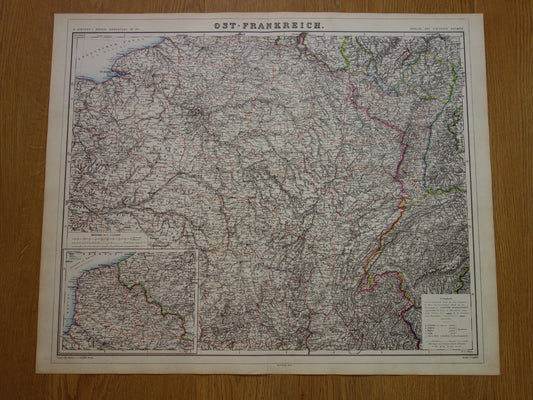FRANKRIJK oude kaart van Oost-Frankrijk in 1874 Grote antieke landkaart Parijs Metz Reims Elzas-Lotharingen met jaartal - vintage poster Afrika 1874