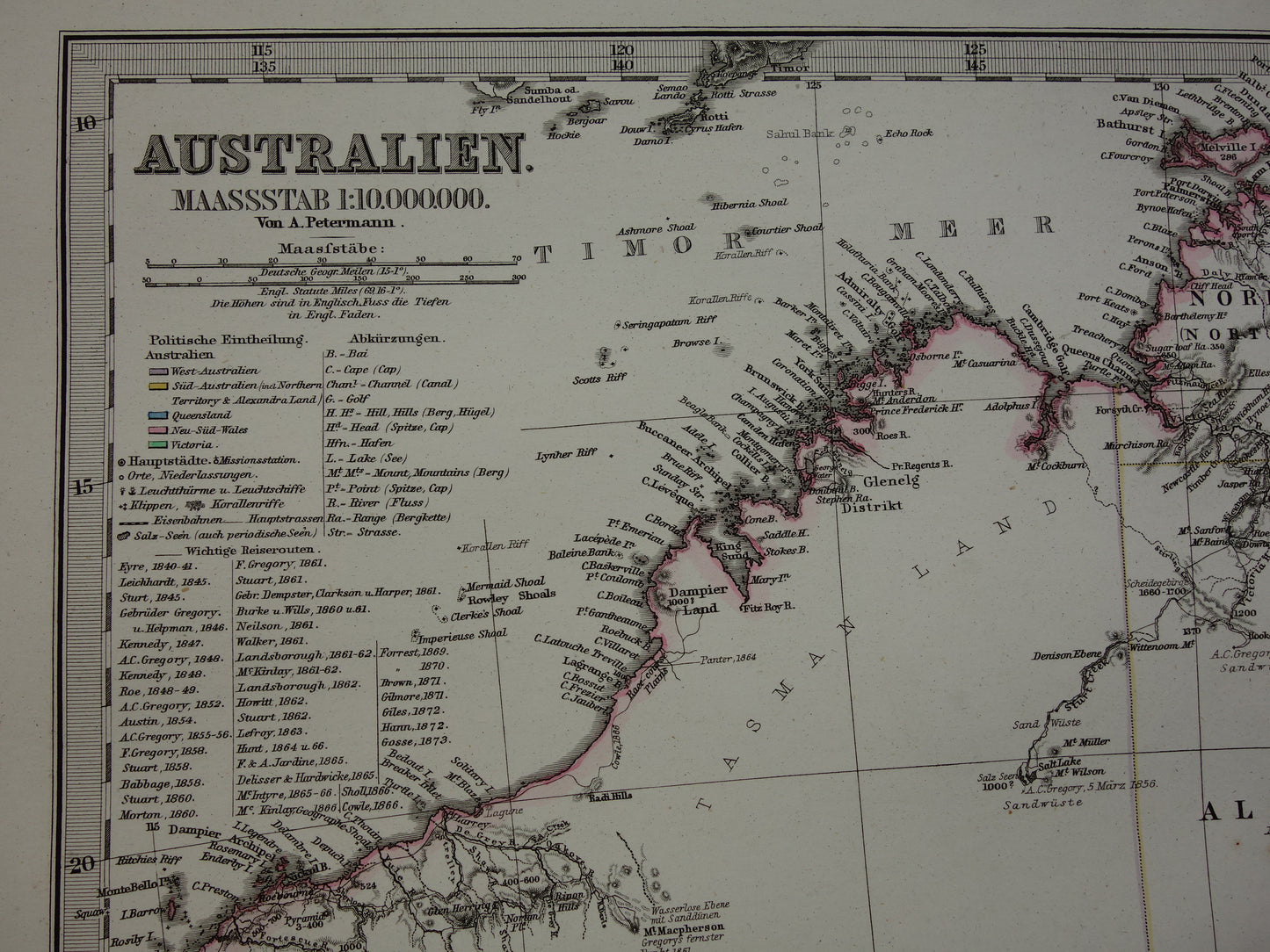 Vintage landkaart van Australië uit 1877 originele oude antieke kaart Sydney Melbourne Perth historische kaarten