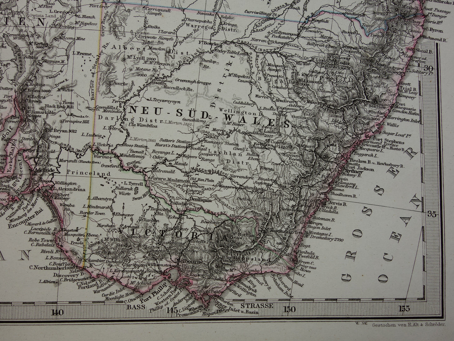 Vintage landkaart van Australië uit 1877 originele oude antieke kaart Sydney Melbourne Perth historische kaarten