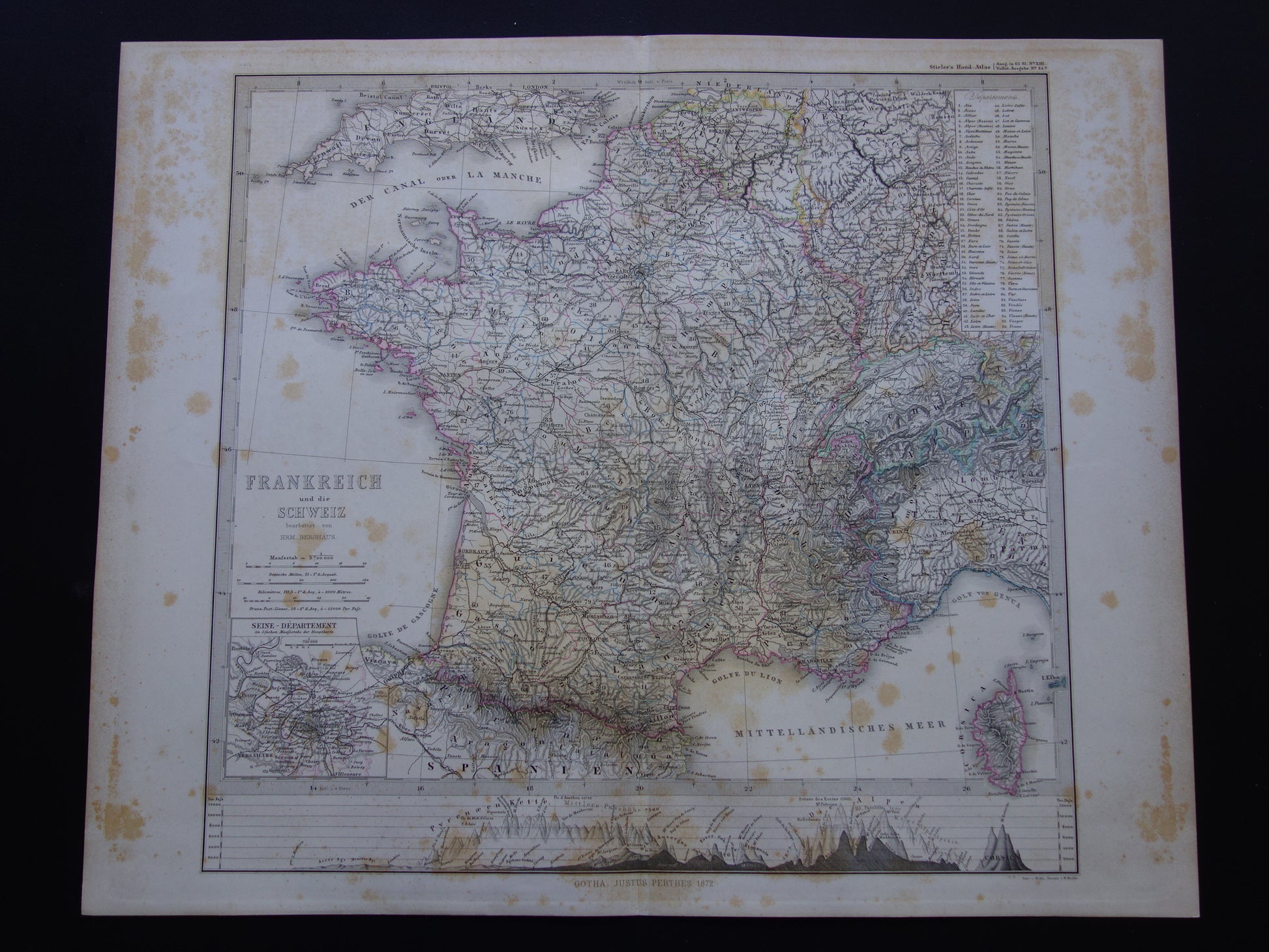 FRANKRIJK oude kaart van Frankrijk 1872 originele antieke landkaart/poster met jaartal