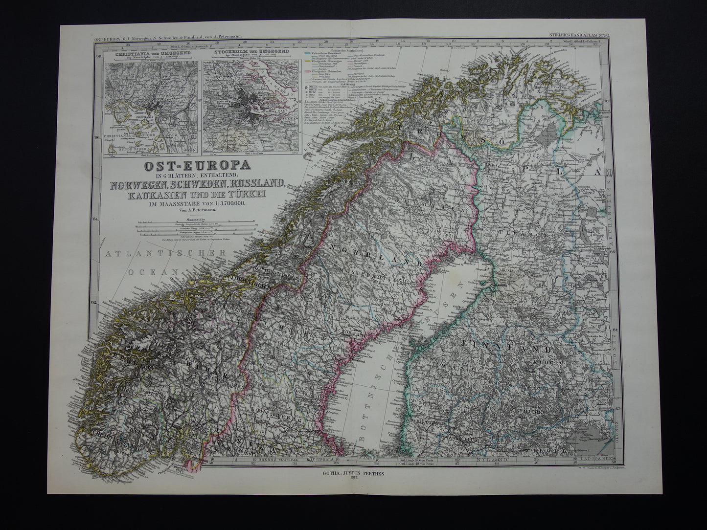 Oude landkaart van Noorwegen originele antieke kaart Finland Oslo Zweden Stockholm vintage poster