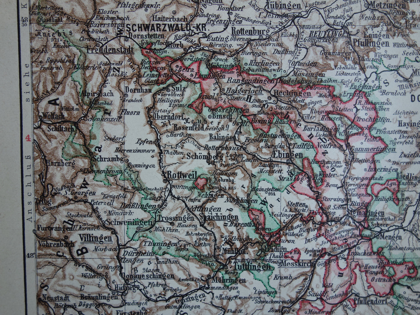 Württemberg oude kaart van Wurtenberg en Hohenzollern Duitsland 1913 originele antieke Duitse landkaart Stuttgart Karlsruhe