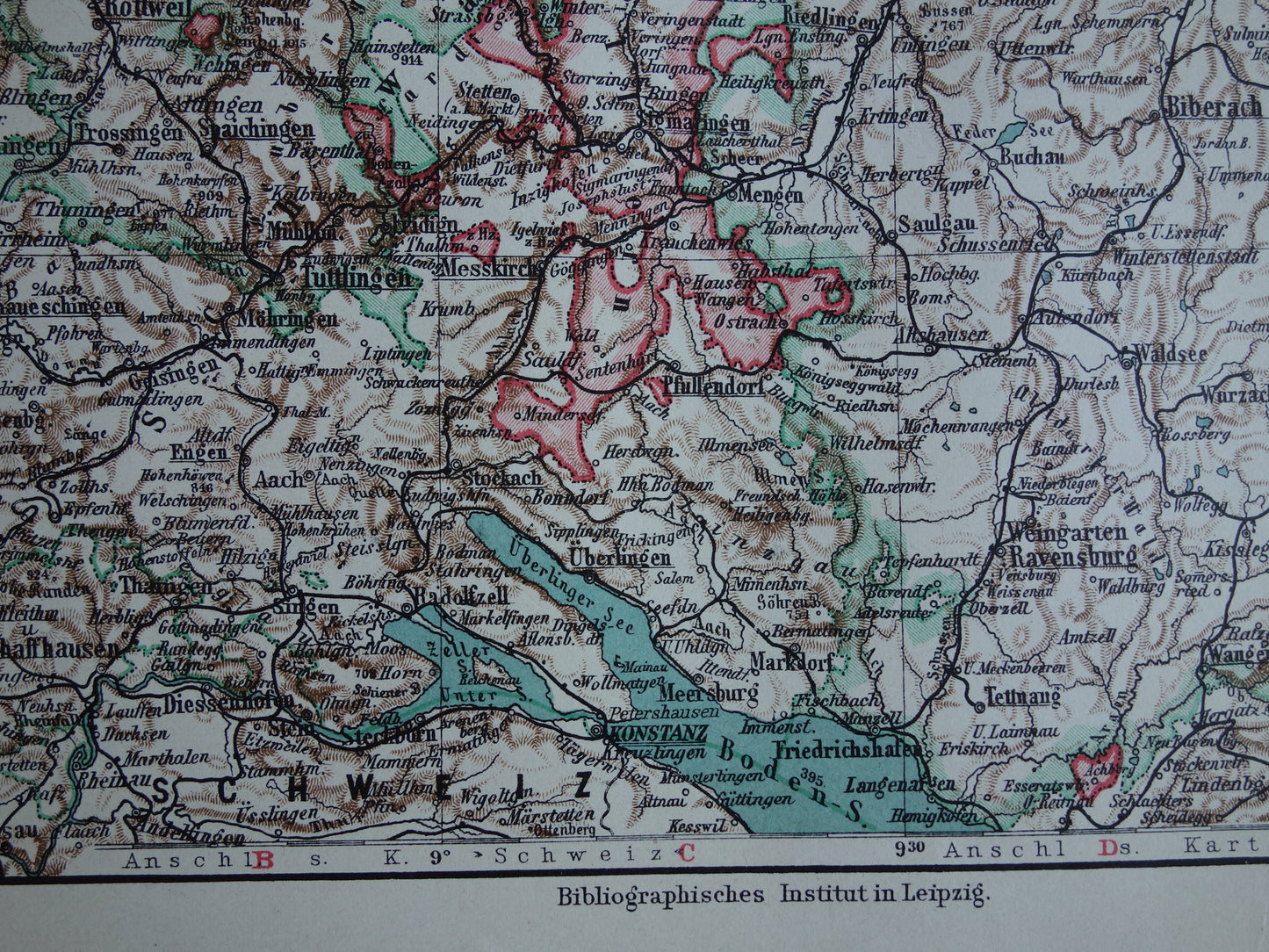 Württemberg oude kaart van Wurtenberg en Hohenzollern Duitsland 1913 originele antieke Duitse landkaart Stuttgart Karlsruhe