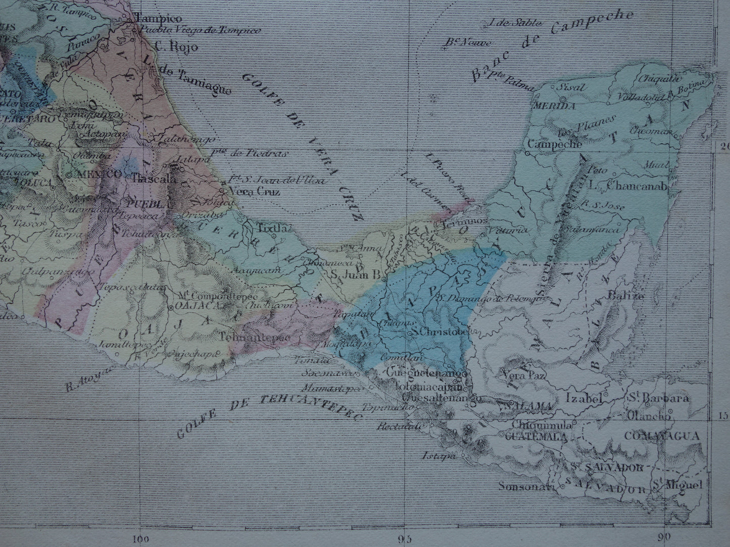 Mexico antieke Franse landkaart van Mexico 1858 originele oude handgekleurde kaart vintage kaarten