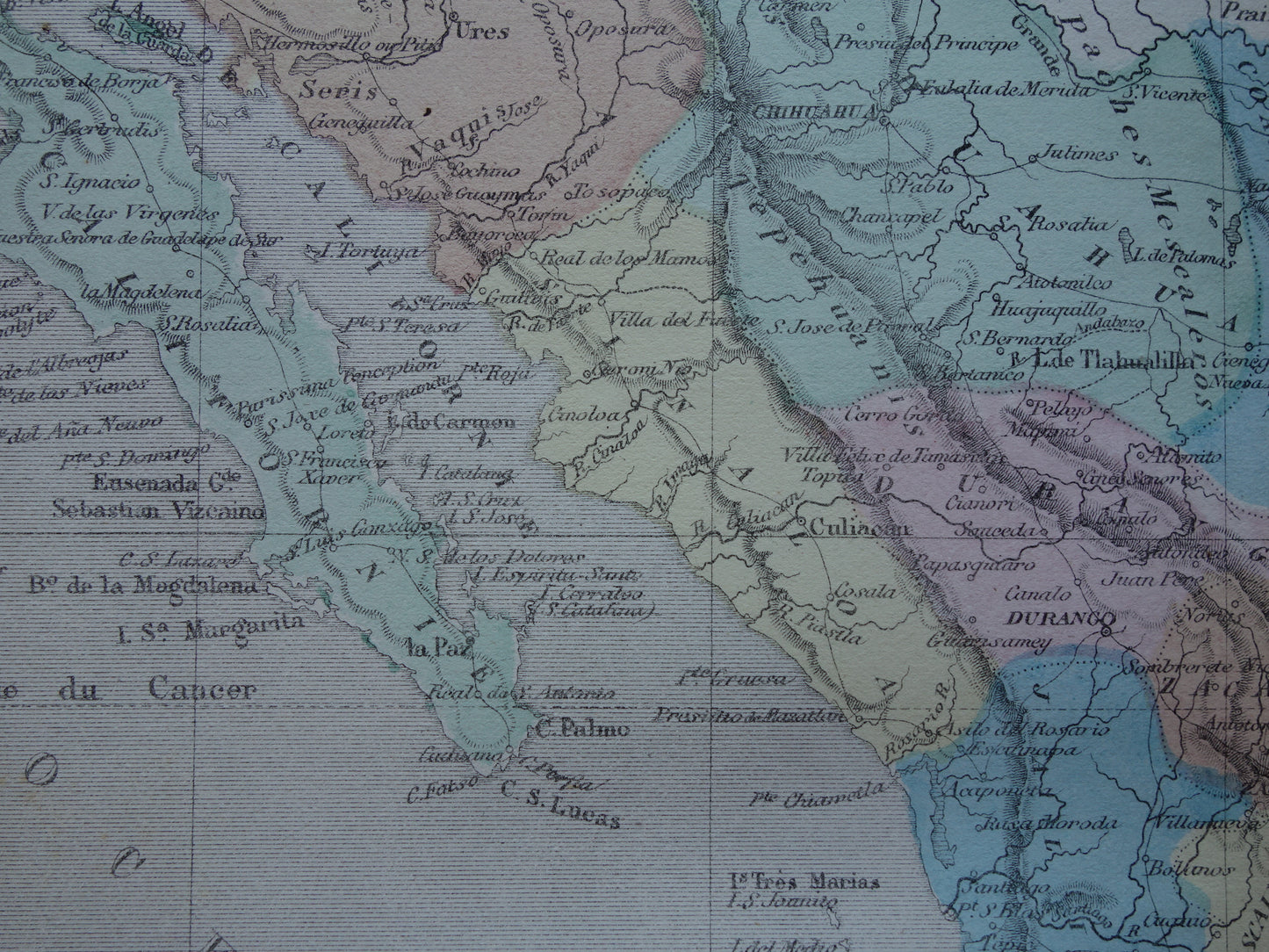 Mexico antieke Franse landkaart van Mexico 1858 originele oude handgekleurde kaart vintage kaarten