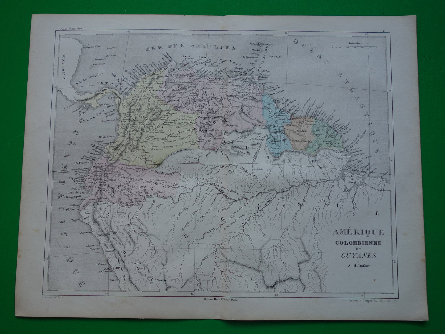 Colombia Suriname Ecuador antieke landkaart uit 1858 originele oude handgekleurde kaart Venezuela Amazone vintage kaarten